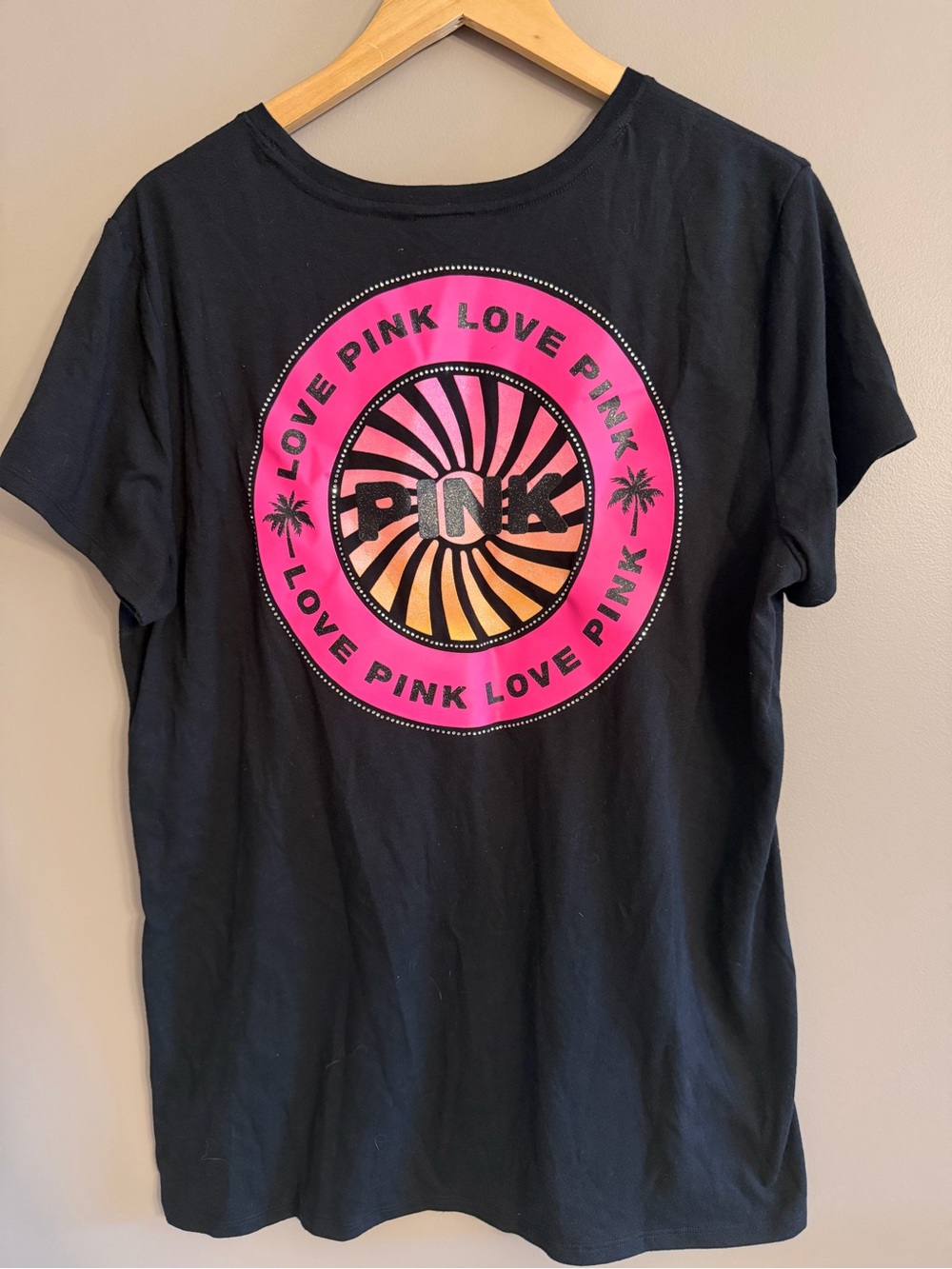 PINK Victoria's Secret Black Short Sleeve Tee with Pink & Orange Graphic